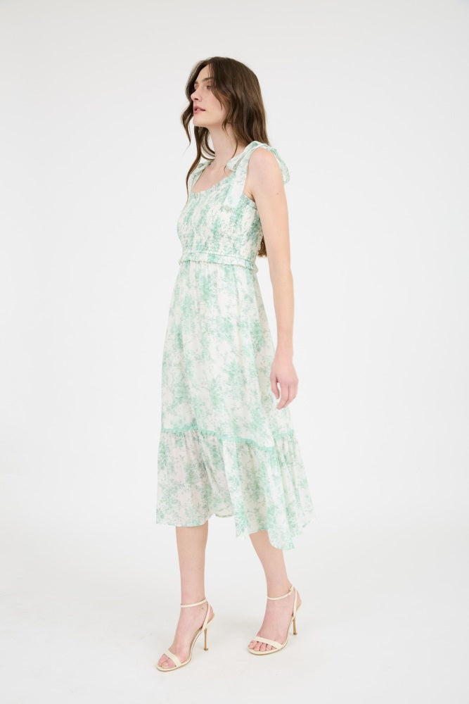 Mint Floral Smocked Shoulder Tie Midi Dress