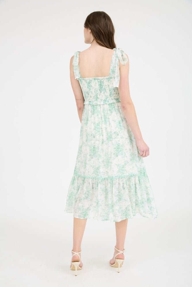 Mint Floral Smocked Shoulder Tie Midi Dress