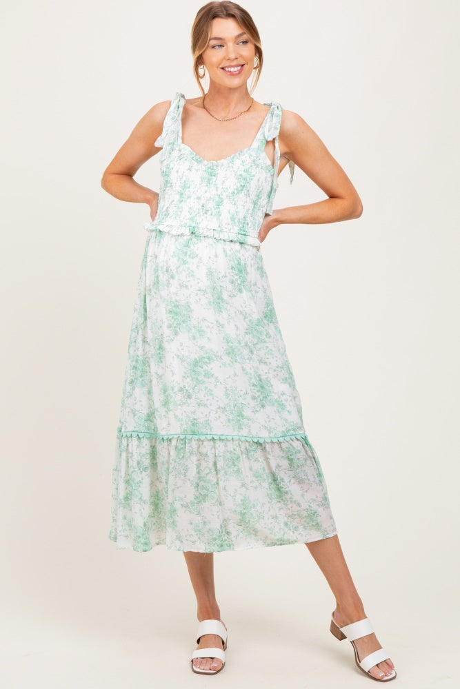 Mint Floral Smocked Shoulder Tie Maternity Midi Dress