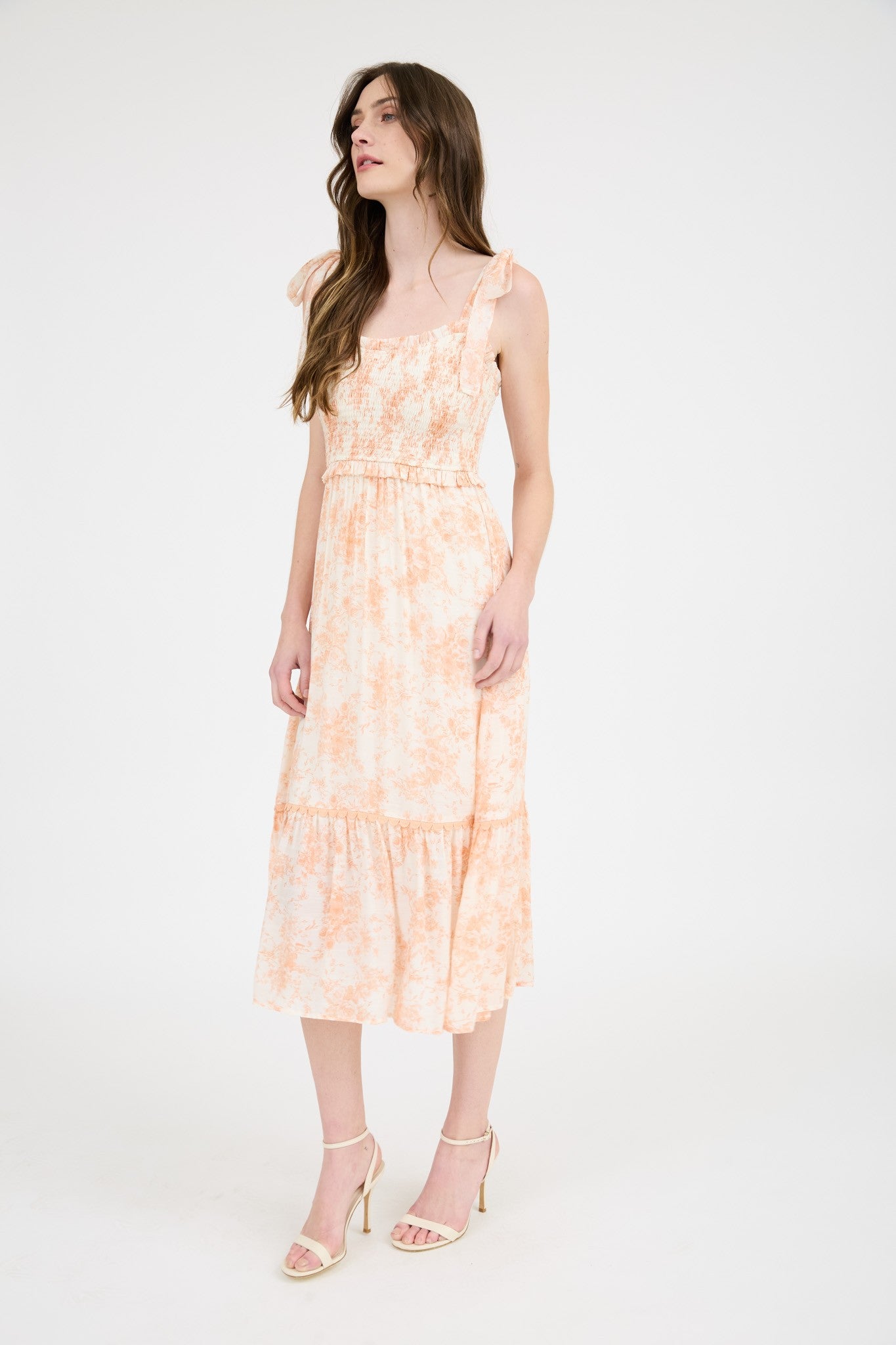 Peach Floral Smocked Shoulder Tie Midi Dress