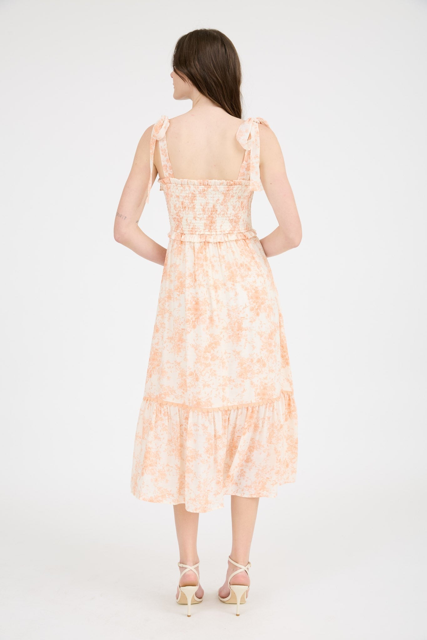 Peach Floral Smocked Shoulder Tie Midi Dress