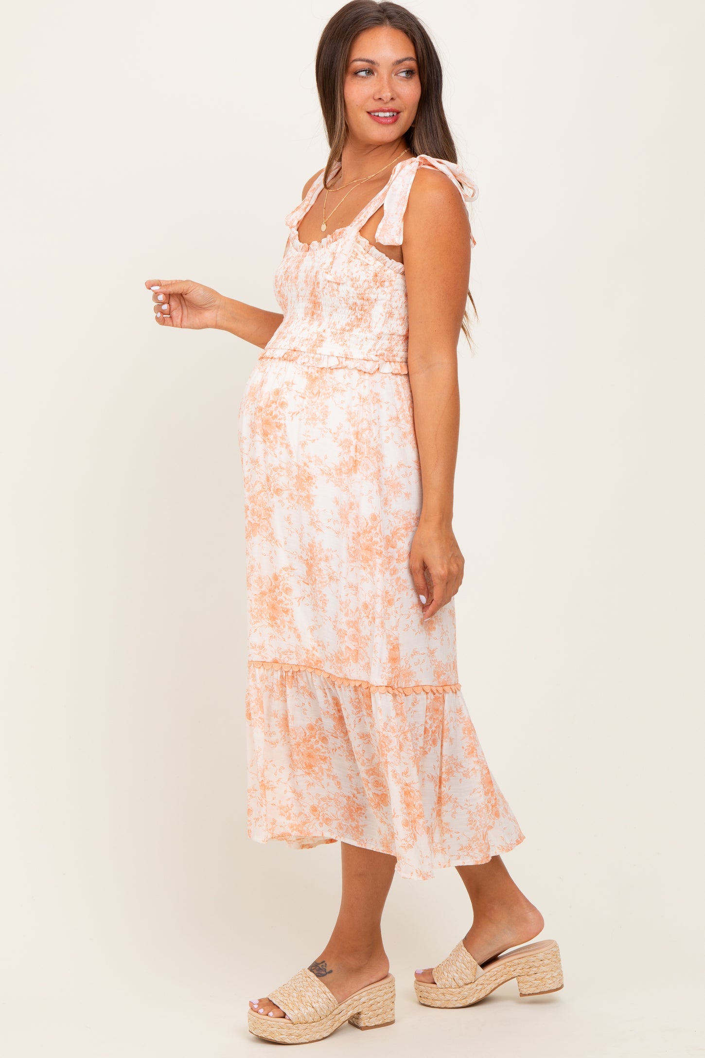 Peach Floral Smocked Shoulder Tie Maternity Midi Dress