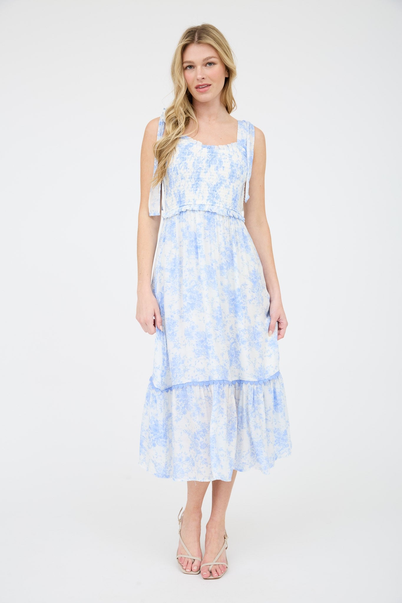 Light Blue Floral Smocked Shoulder Tie Midi Dress