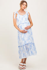 Light Blue Floral Smocked Shoulder Tie Maternity Midi Dress