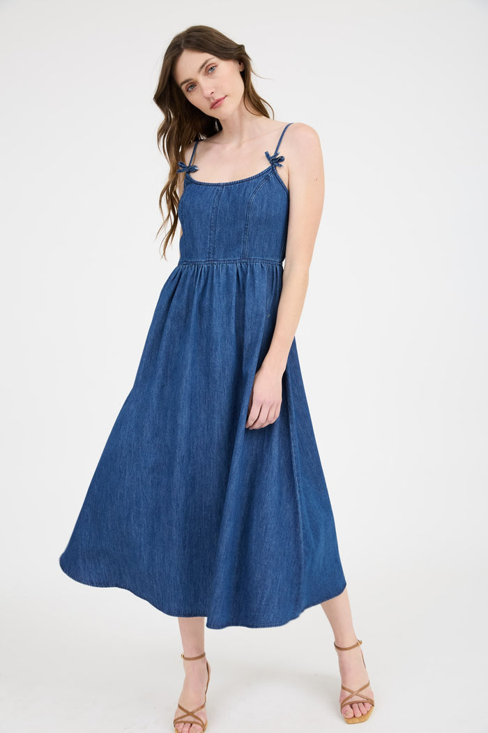 Navy Denim Sleeveless Bow Detail Midi Dress