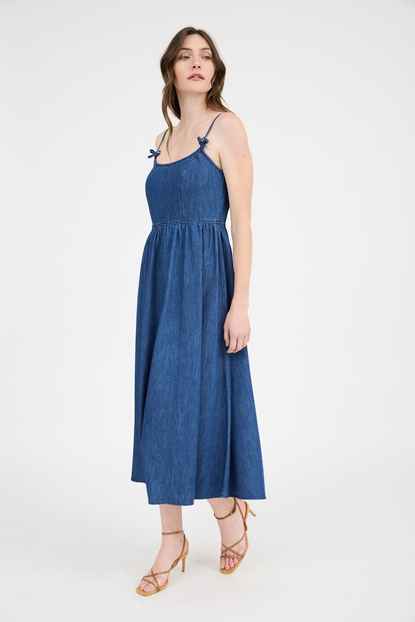 Navy Denim Sleeveless Bow Detail Midi Dress