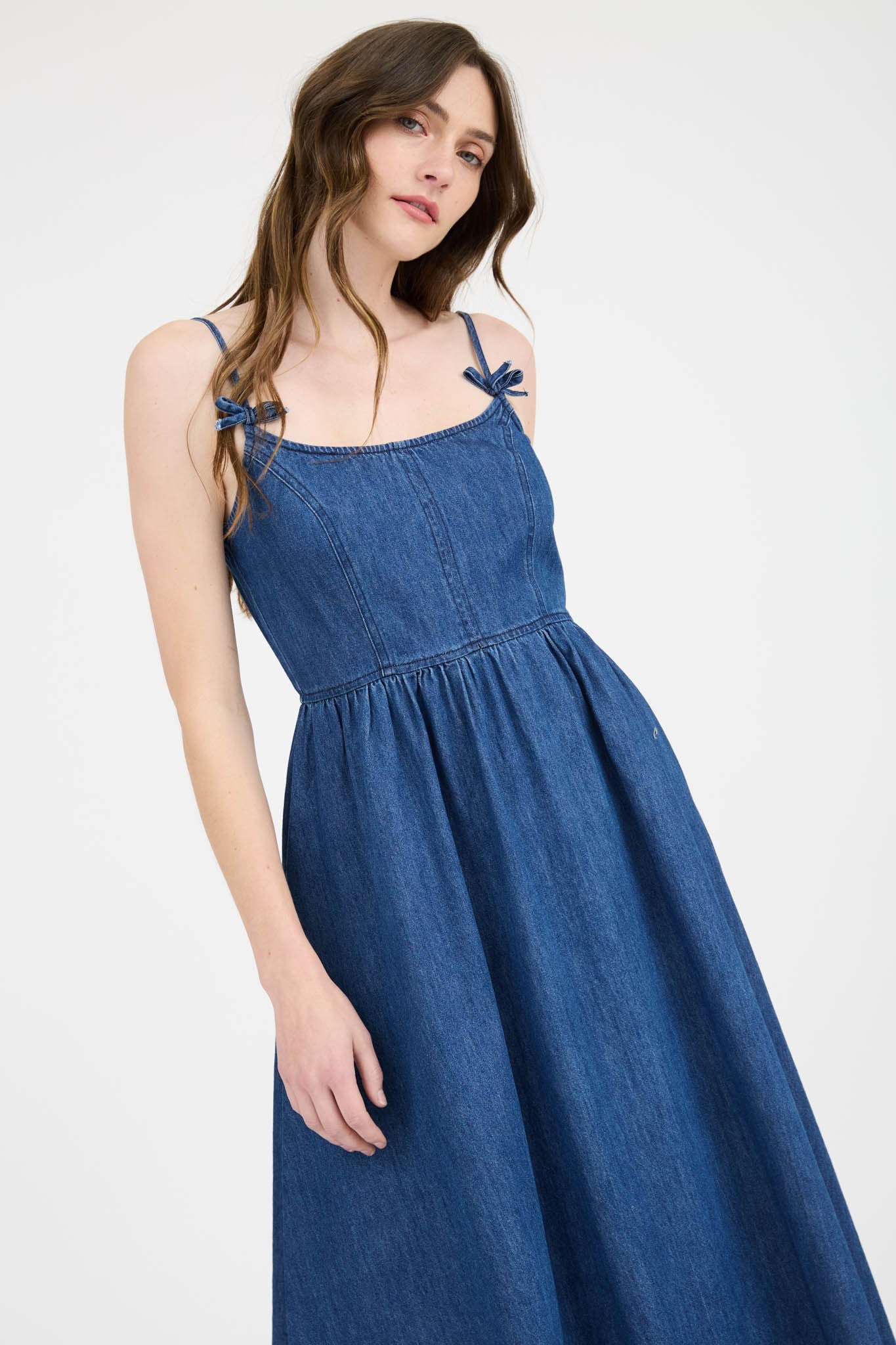 Navy Denim Sleeveless Bow Detail Midi Dress