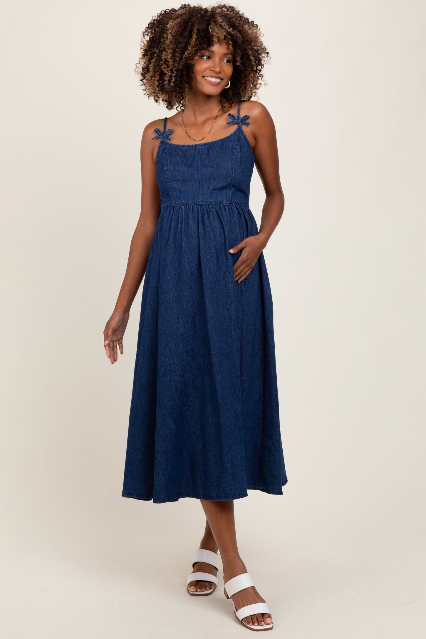 Navy Denim Sleeveless Bow Detail Maternity Midi Dress