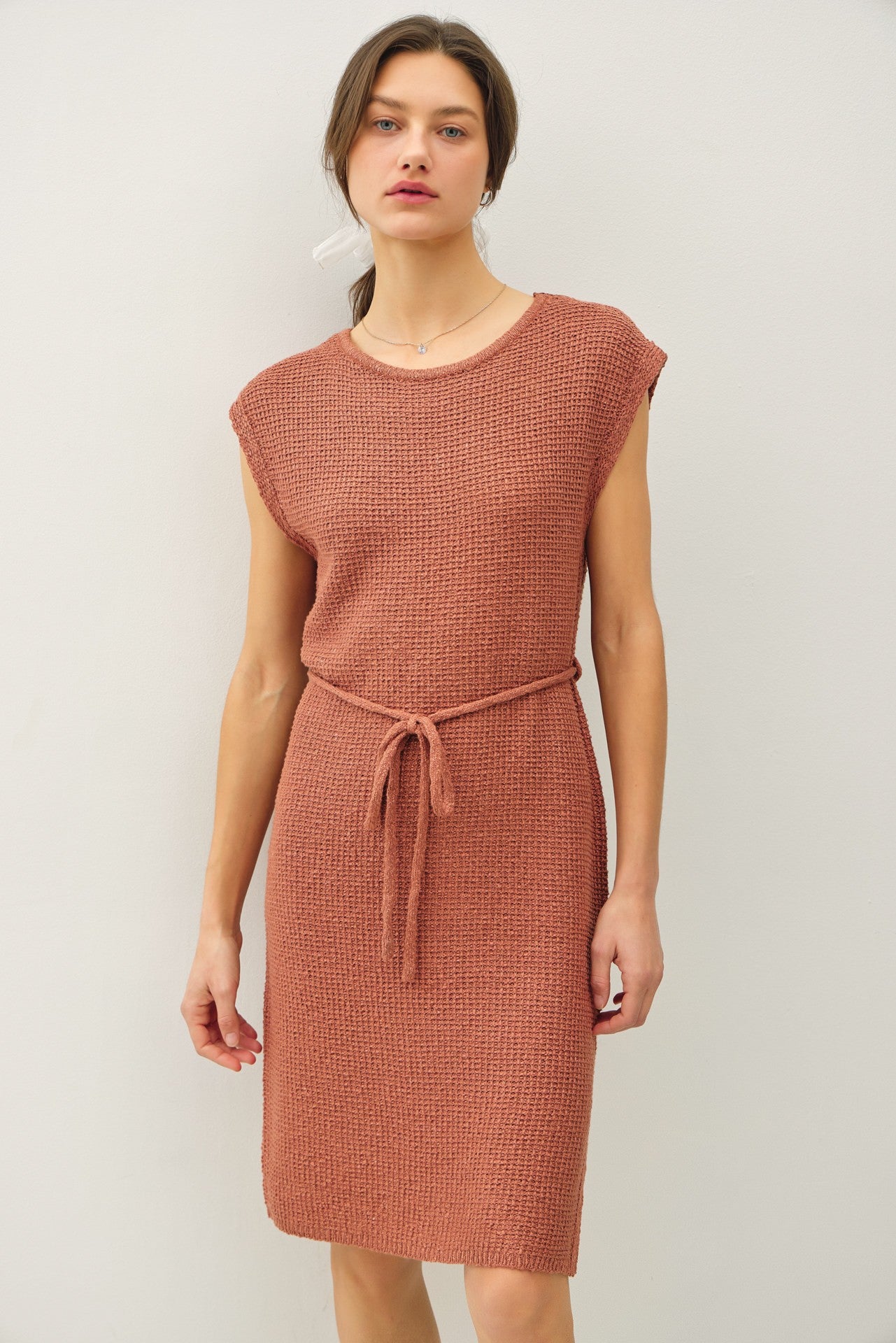 Light Rust Waffle Knit Sash Tie Short Sleeve Dress