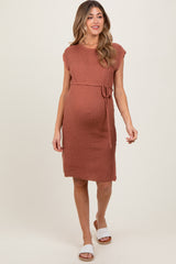 Light Rust Waffle Knit Sash Tie Short Sleeve Maternity Dress