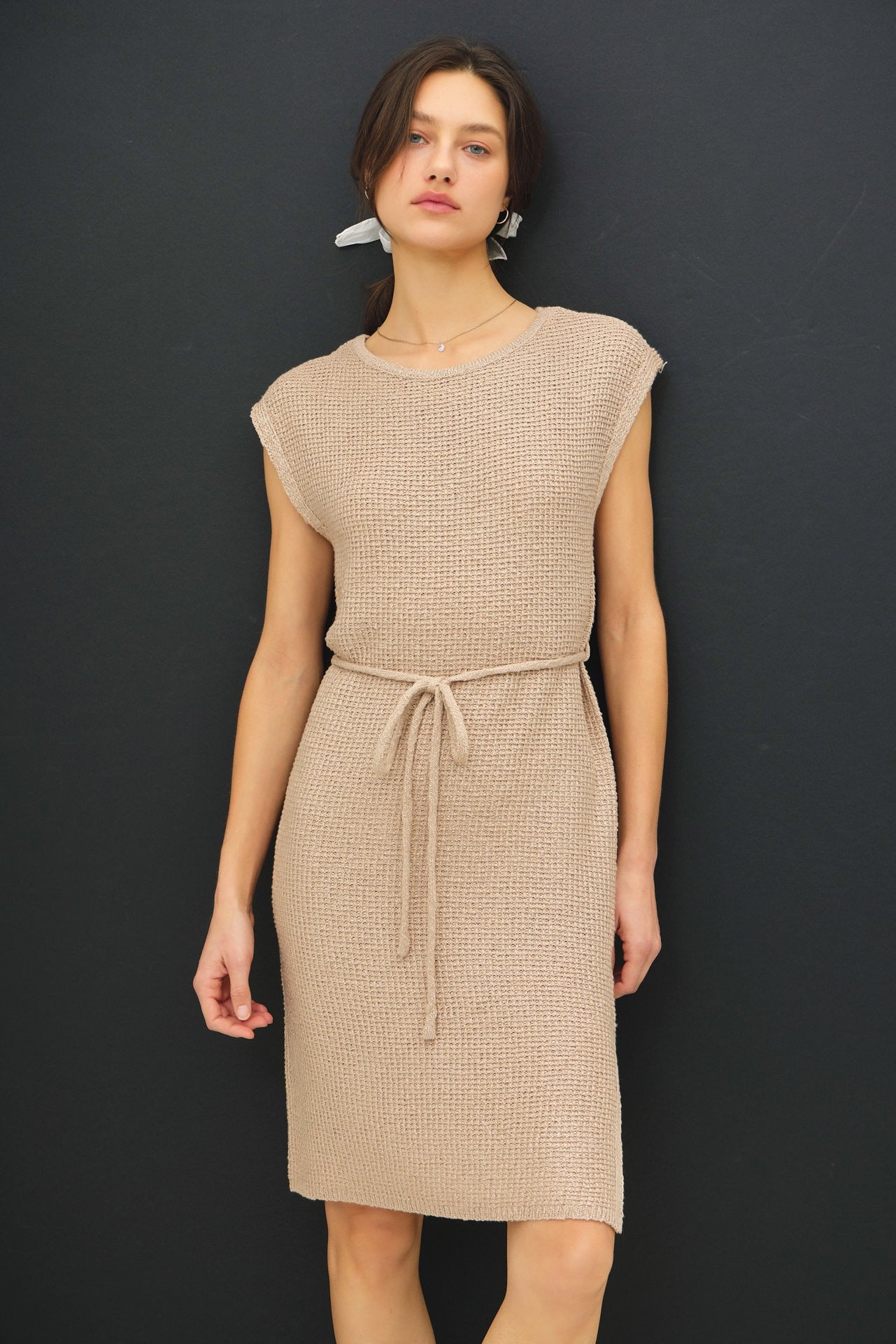 Beige Waffle Knit Sash Tie Short Sleeve Dress