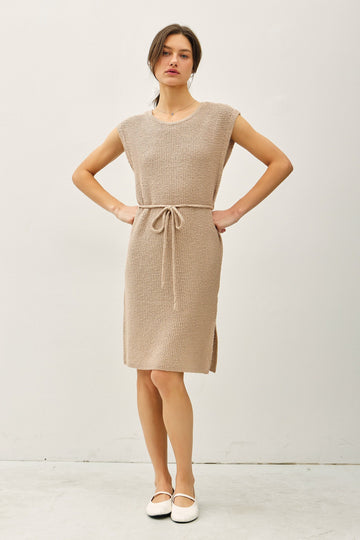 Beige Waffle Knit Sash Tie Short Sleeve Dress