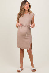 Beige Waffle Knit Sash Tie Short Sleeve Maternity Dress