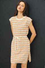 Camel Striped Knit Sash Tie Dress