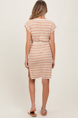 Camel Striped Knit Sash Tie Maternity Dress