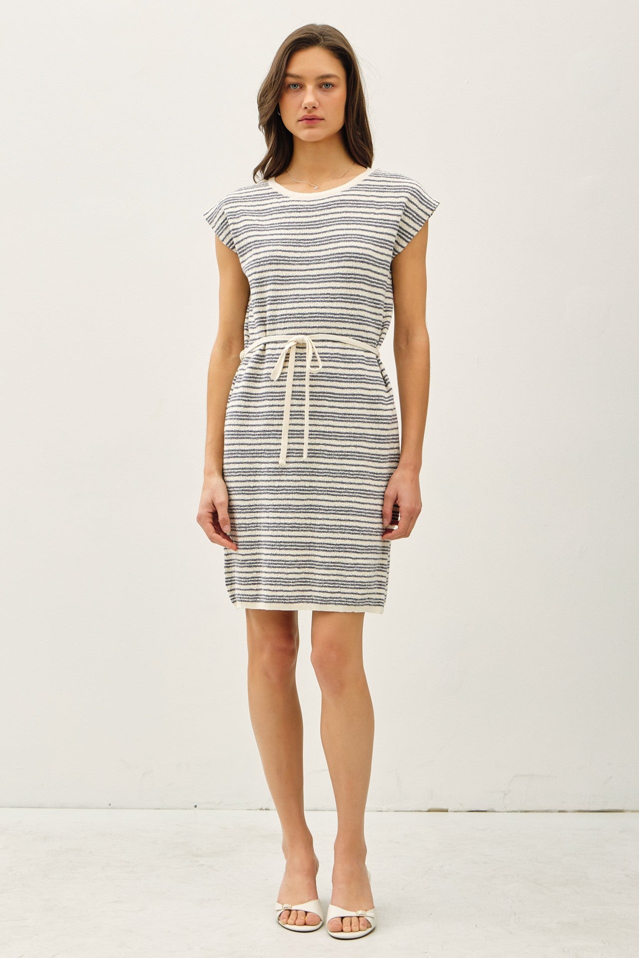 Blue Striped Knit Sash Tie Dress