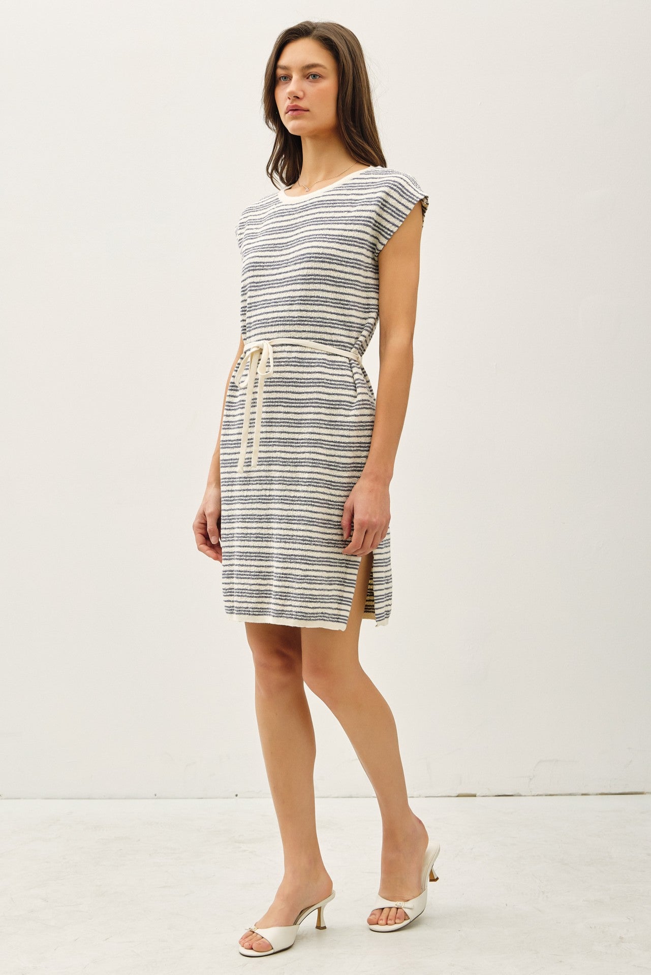 Blue Striped Knit Sash Tie Dress