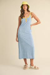 Light Blue Contrast Trim Terry Knit Sleeveless Dress