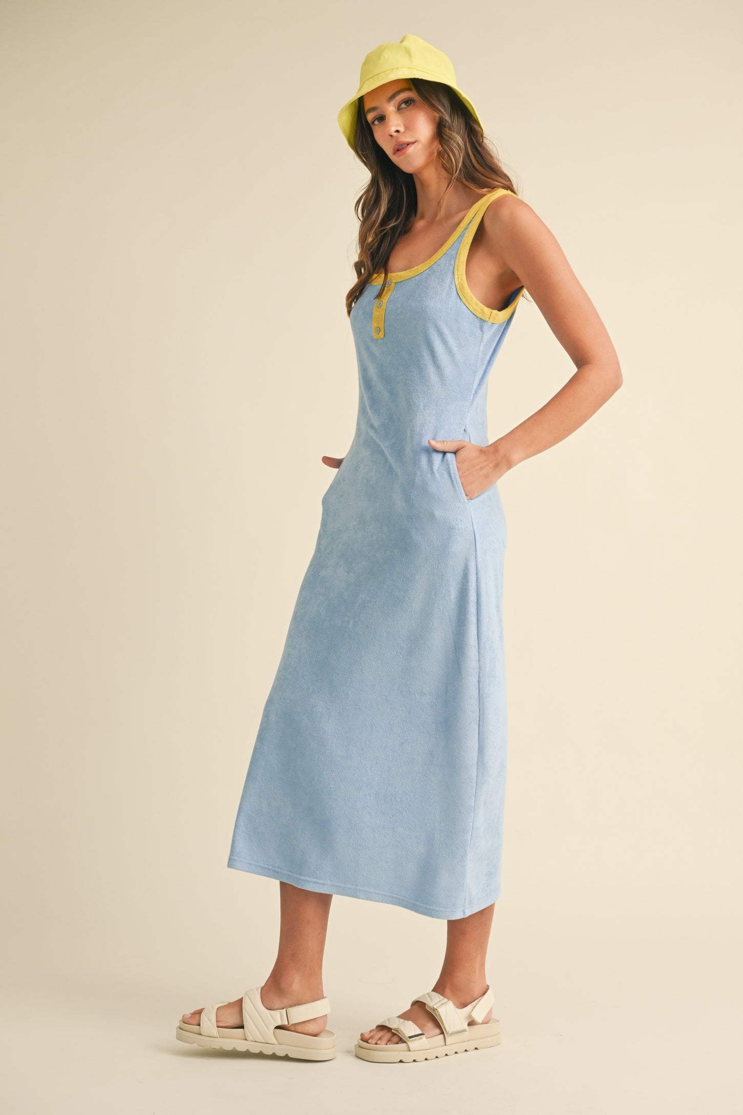 Light Blue Contrast Trim Terry Knit Sleeveless Dress