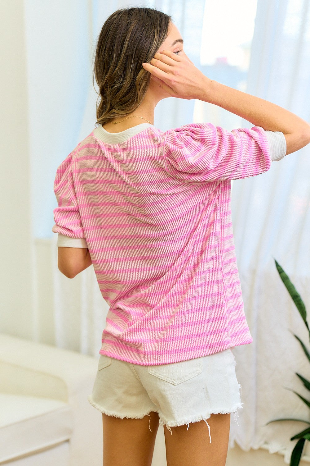 Pink Textured Stripe Puff Sleeve Top