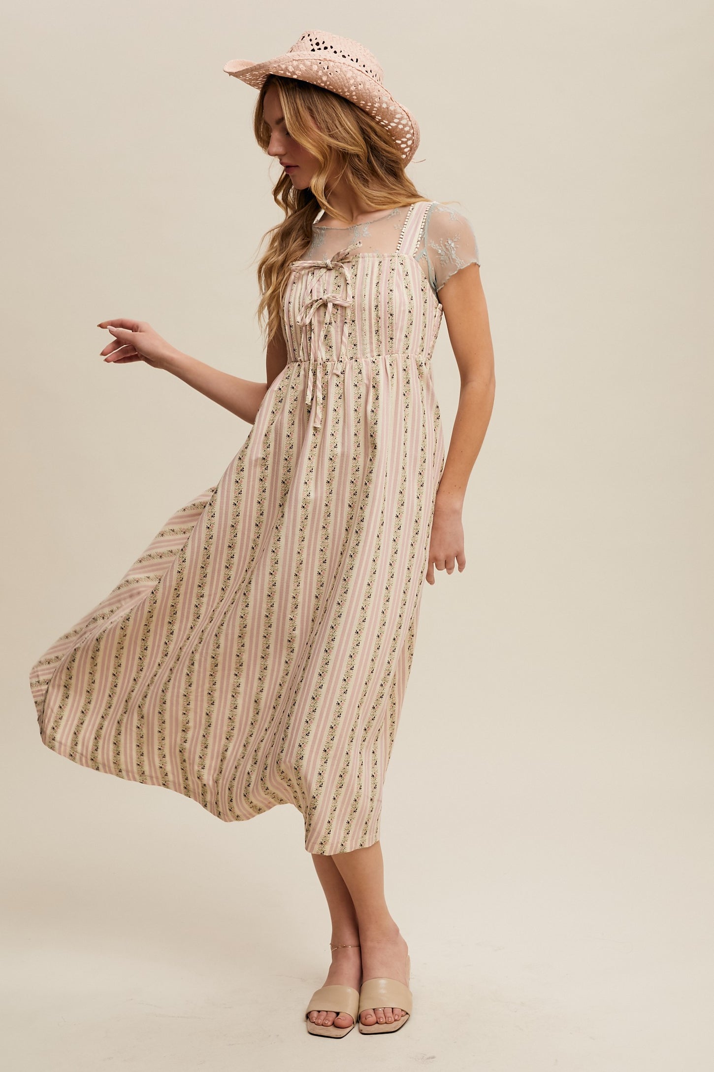 Pink Floral Embroidered Striped Midi Dress