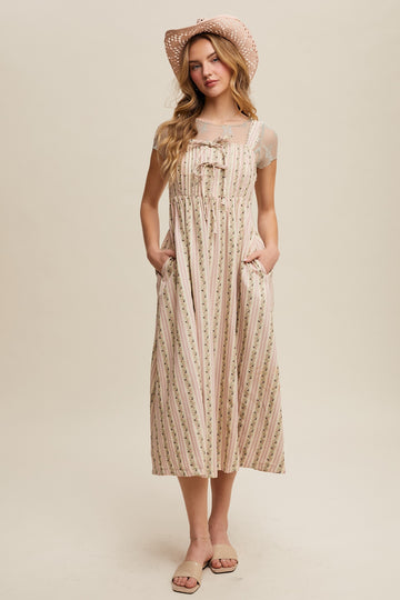 Pink Floral Embroidered Striped Midi Dress