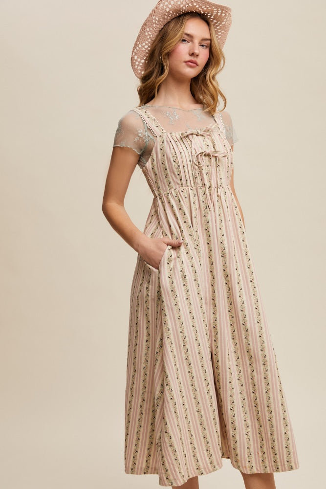 Pink Floral Embroidered Striped Midi Dress