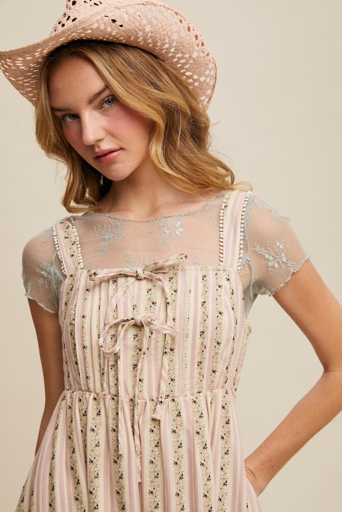 Pink Floral Embroidered Striped Midi Dress