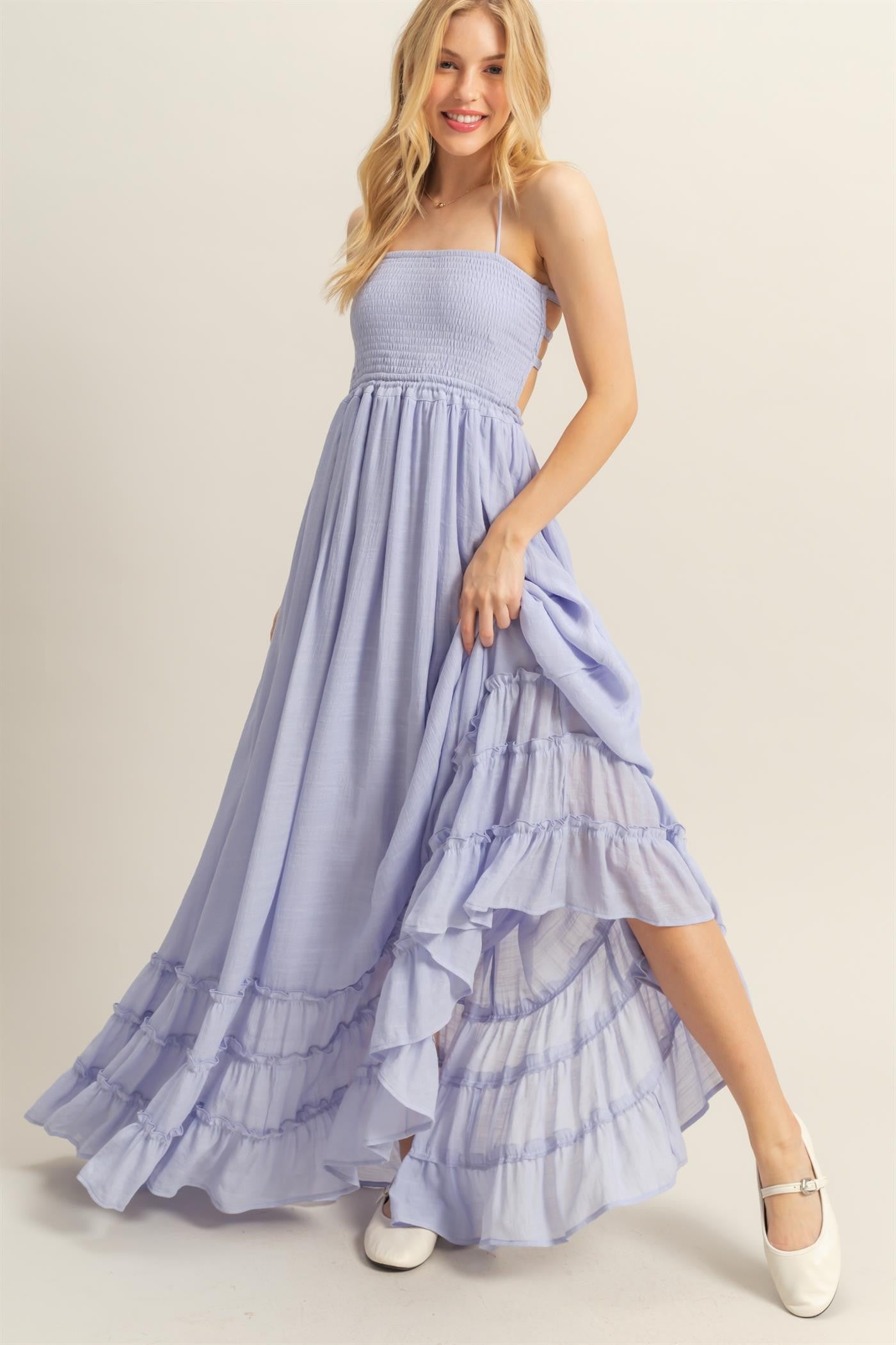 Lavender Halter Neck Smocked Tiered Hem Maternity Maxi Dress