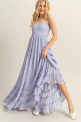 Lavender Halter Neck Smocked Tiered Hem Maternity Maxi Dress