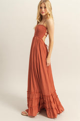 Rust Halter Neck Smocked Tiered Hem Maxi Dress