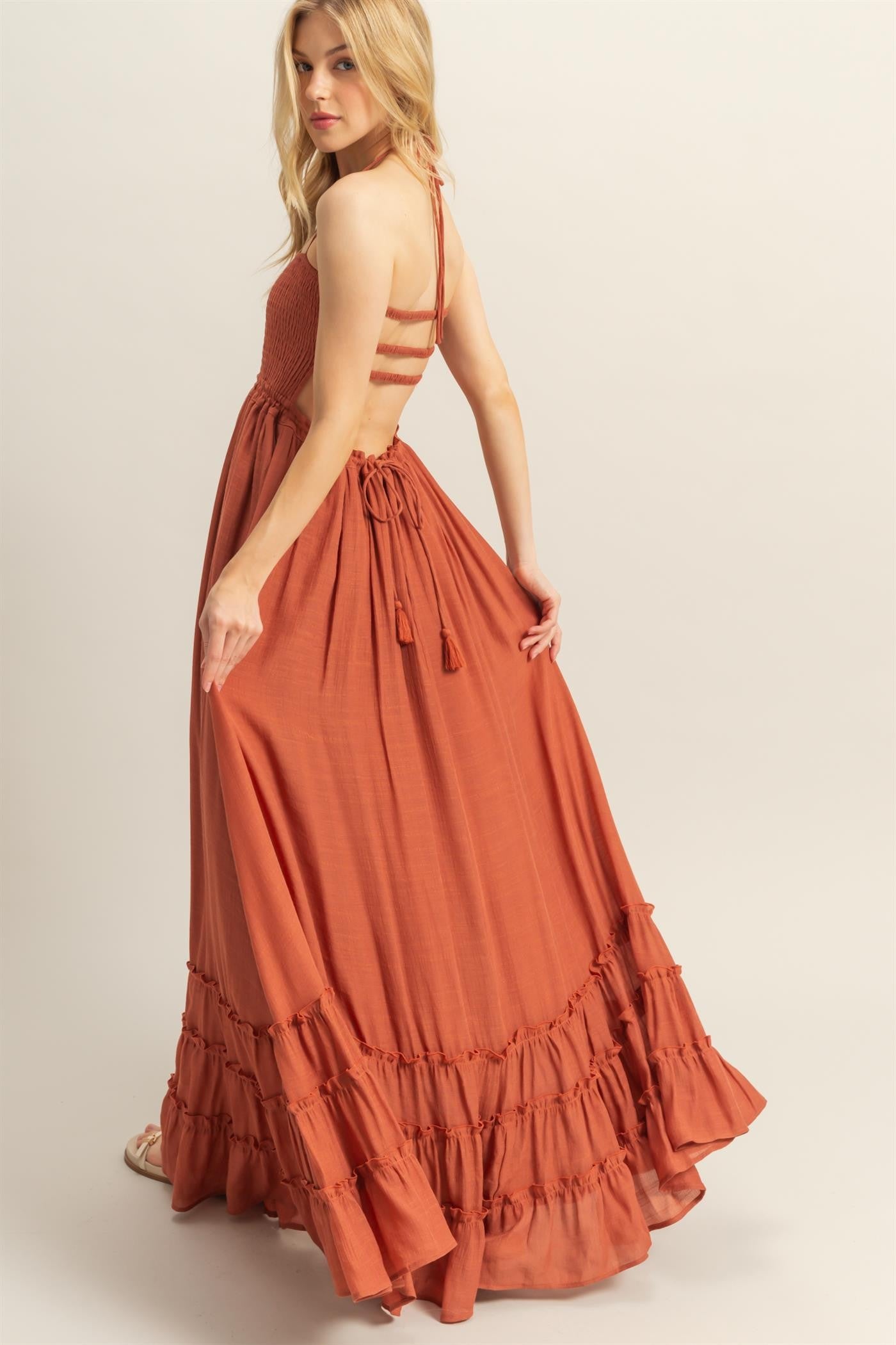 Rust Halter Neck Smocked Tiered Hem Maxi Dress