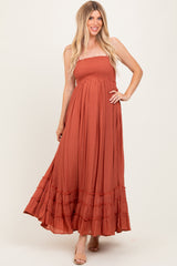 Rust Halter Neck Smocked Tiered Hem Maternity Maxi Dress