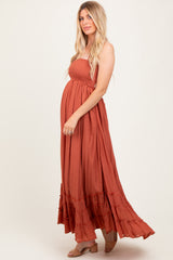 Rust Halter Neck Smocked Tiered Hem Maternity Maxi Dress