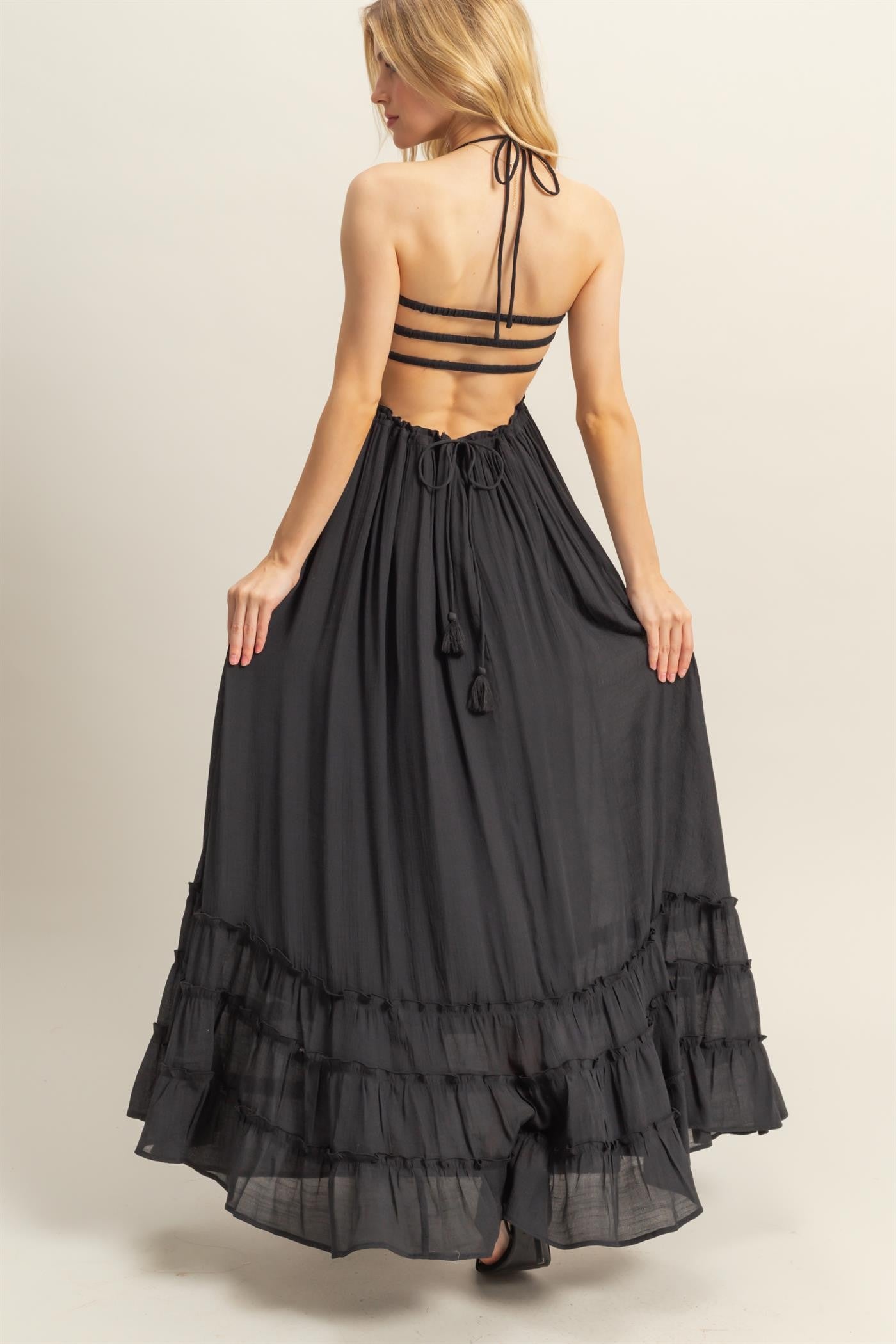 Black Halter Neck Smocked Tiered Hem Maxi Dress