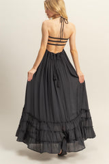 Black Halter Neck Smocked Tiered Hem Maxi Dress