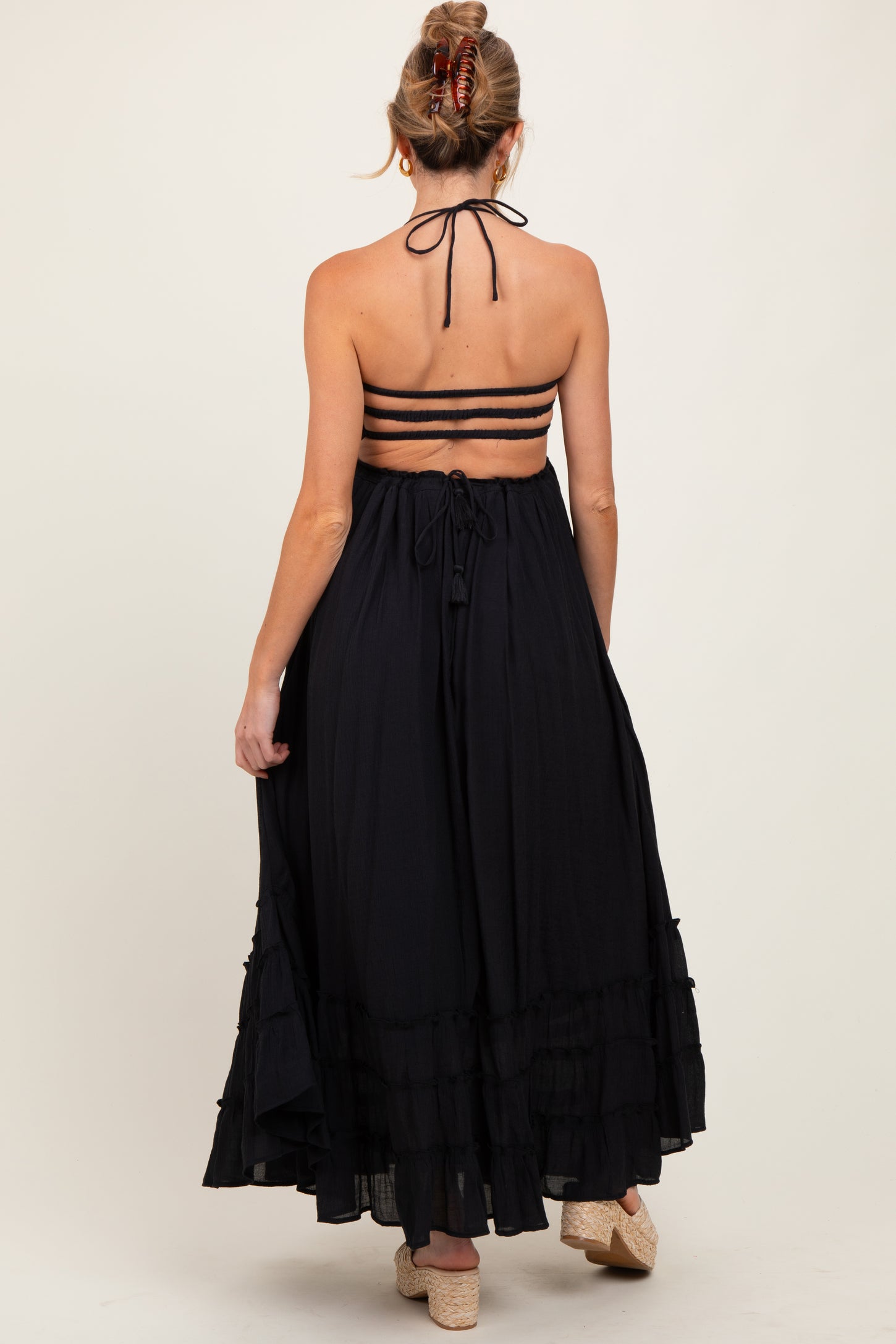 Black Halter Neck Smocked Tiered Hem Maternity Maxi Dress PinkBlush Black Halter Neck Smocked Tiered Hem Maternity Maxi Dress PinkBlush