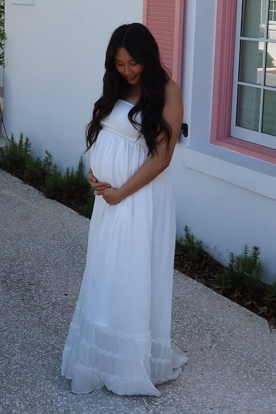 White Halter Neck Smocked Tiered Hem Maternity Maxi Dress
