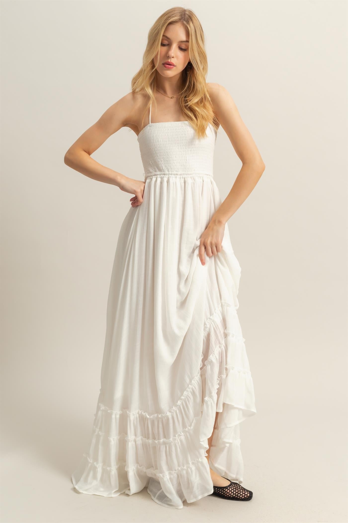 White Halter Neck Smocked Tiered Hem Maternity Maxi Dress PinkBlush White Halter Neck Smocked Tiered Hem Maternity Maxi Dress PinkBlush