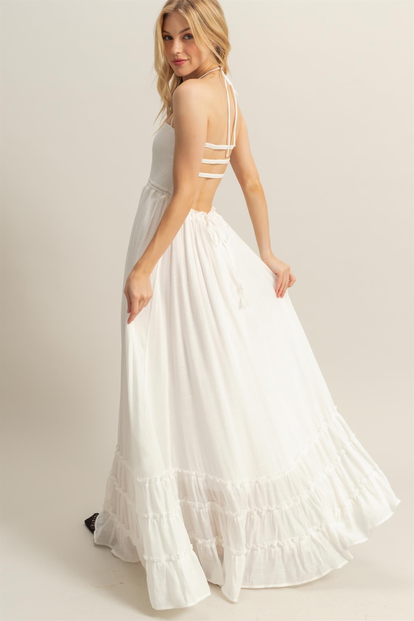 White Halter Neck Smocked Tiered Hem Maxi Dress