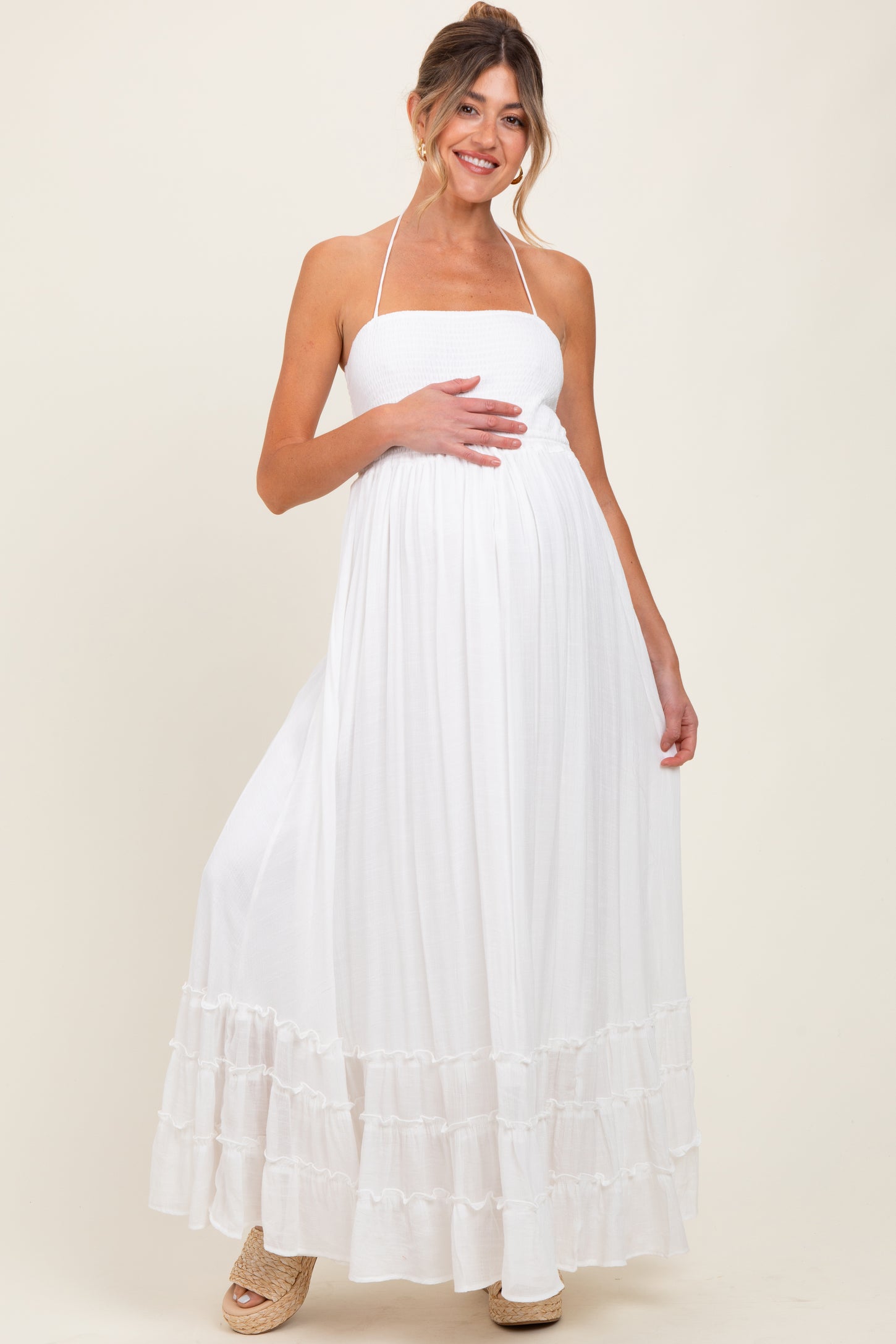 White Halter Neck Smocked Tiered Hem Maternity Maxi Dress