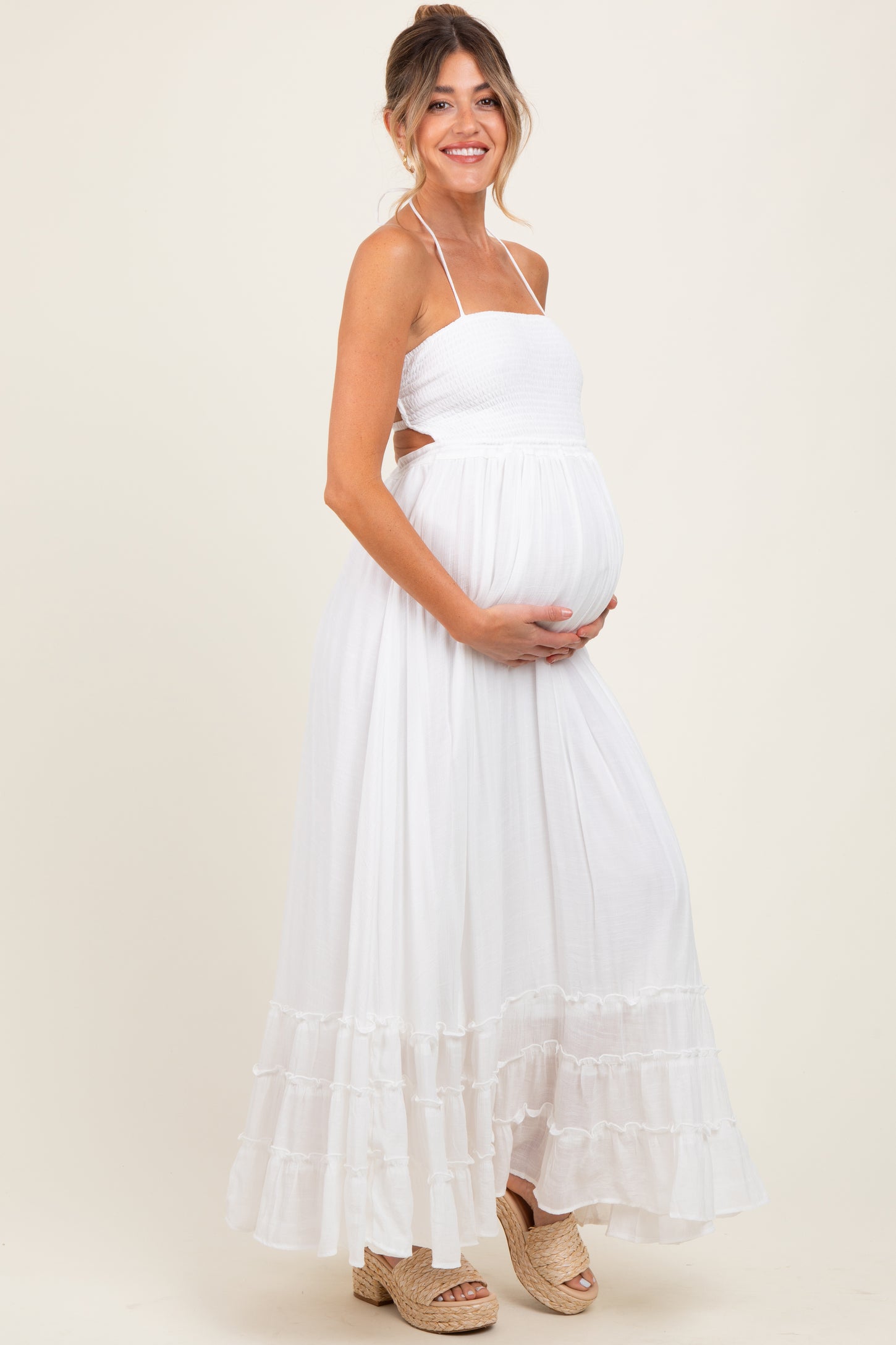 White Halter Neck Smocked Tiered Hem Maternity Maxi Dress PinkBlush White Halter Neck Smocked Tiered Hem Maternity Maxi Dress PinkBlush
