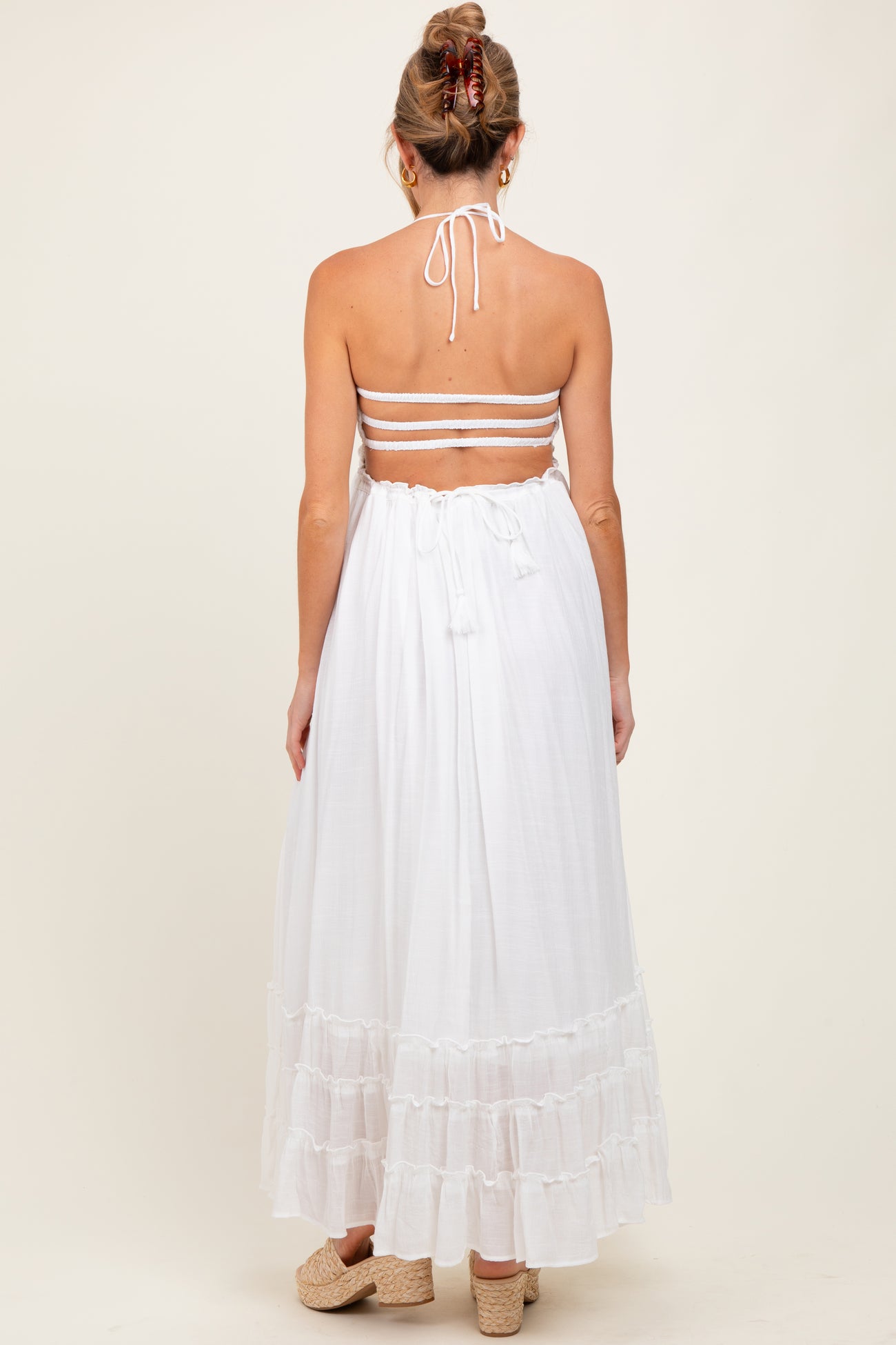 White Halter Neck Smocked Tiered Hem Maternity Maxi Dress PinkBlush White Halter Neck Smocked Tiered Hem Maternity Maxi Dress PinkBlush