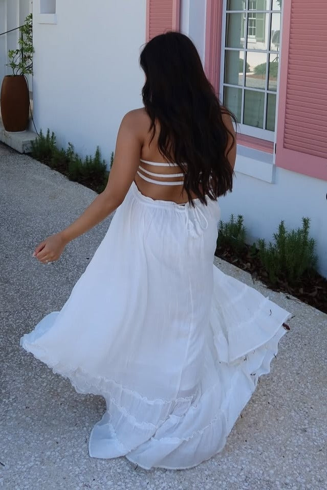 White Halter Neck Smocked Tiered Hem Maternity Maxi Dress – PinkBlush