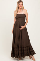 Brown Halter Neck Smocked Tiered Hem Maternity Maxi Dress