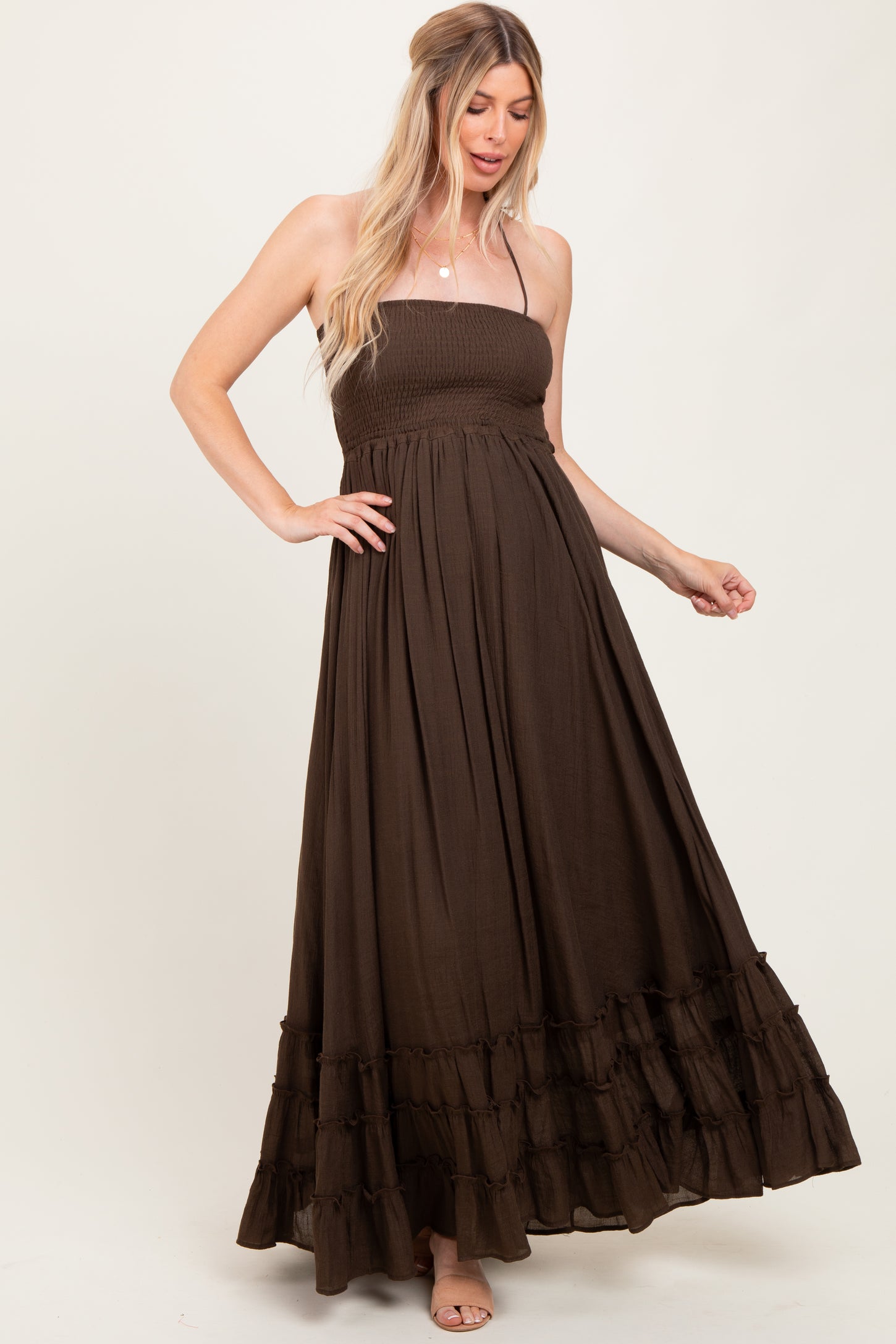 Brown Halter Neck Smocked Tiered Hem Maternity Maxi Dress