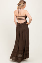 Brown Halter Neck Smocked Tiered Hem Maternity Maxi Dress