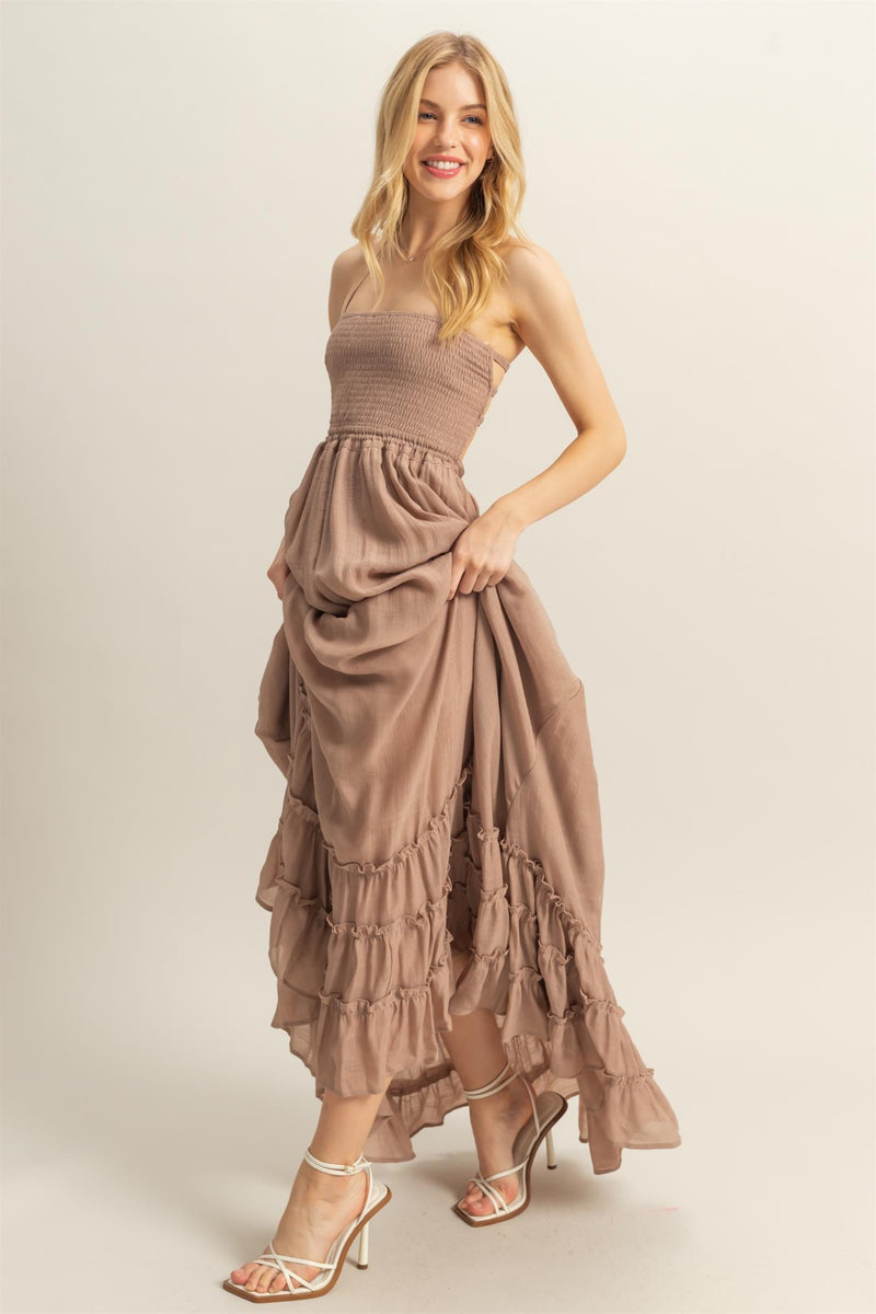 Coral Halter Neck Smocked Maxi Dress main image 1