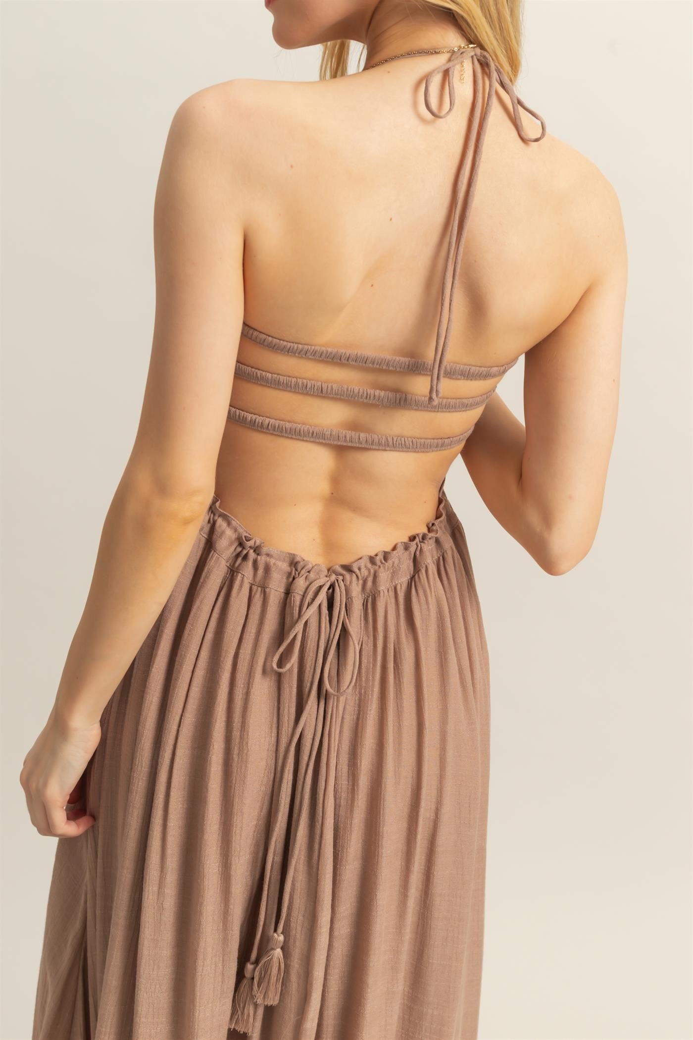 Taupe Halter Neck Smocked Tiered Hem Maxi Dress