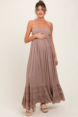 Taupe Halter Neck Smocked Tiered Hem Maternity Maxi Dress